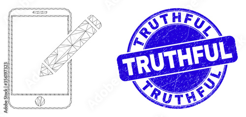 Web mesh edit phone records pictogram and Truthful seal stamp. Blue vector rounded grunge seal stamp with Truthful phrase.