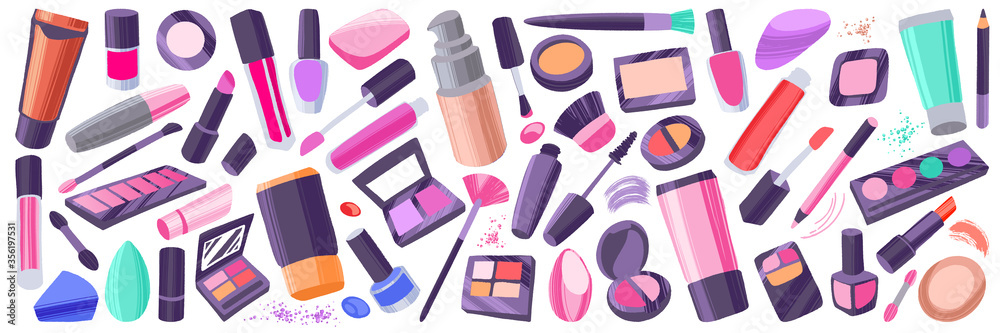Makeup items set. Hand drawn colorful cosmetic elements. - obrazy, fototapety, plakaty 