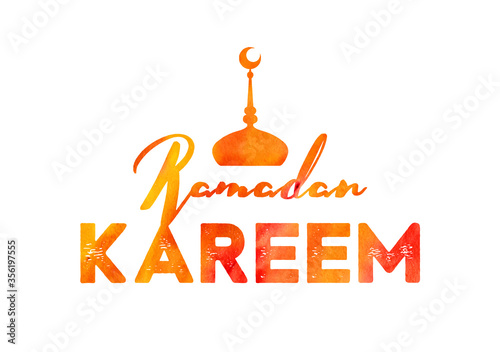 Ramadan kareem vector greetings typography design with watercolor background with moon and Mosque Tower. Vector illustration.