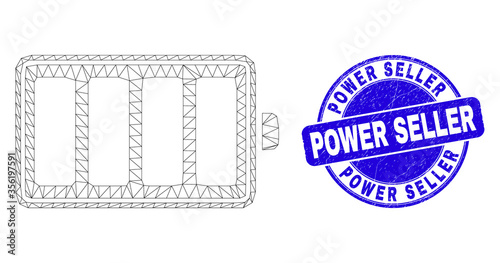 Web mesh electric battery icon and Power Seller stamp. Blue vector rounded textured seal stamp with Power Seller text. Abstract carcass mesh polygonal model created from electric battery icon.