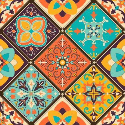 Seamless colorful patchwork tile with Islam, Arabic, Indian, ottoman motifs. Majolica pottery tile. Portuguese and Spain decor. Ceramic tile in talavera style. Vector illustration