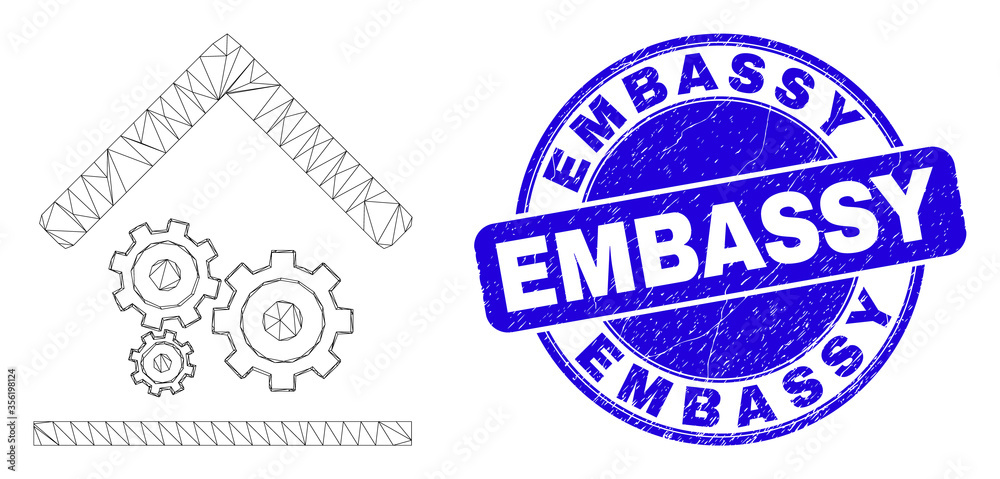 Web mesh engine service garage pictogram and Embassy stamp. Blue vector round scratched seal stamp with Embassy message.