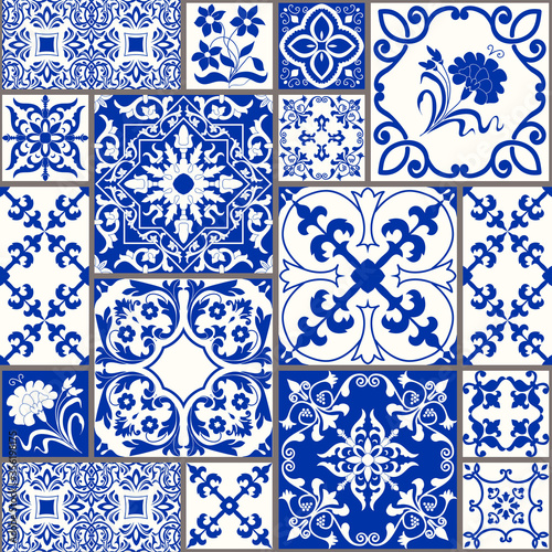 Majolica pottery tile, blue and white azulejo, original traditional Portuguese and Spain decor. Seamless patchwork tile with Victorian motives. Vector illustration.