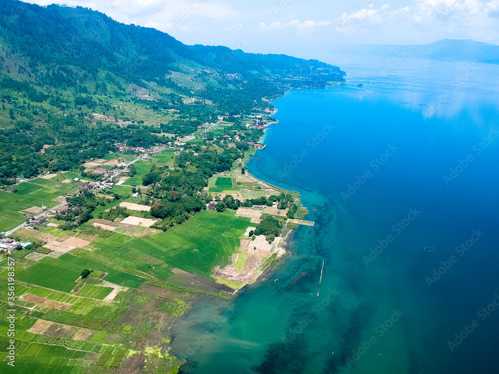 The beautiful aerial view of Lake Toba. Lake Toba is one of the tourist destinations in North Sumatra, Indonesia.