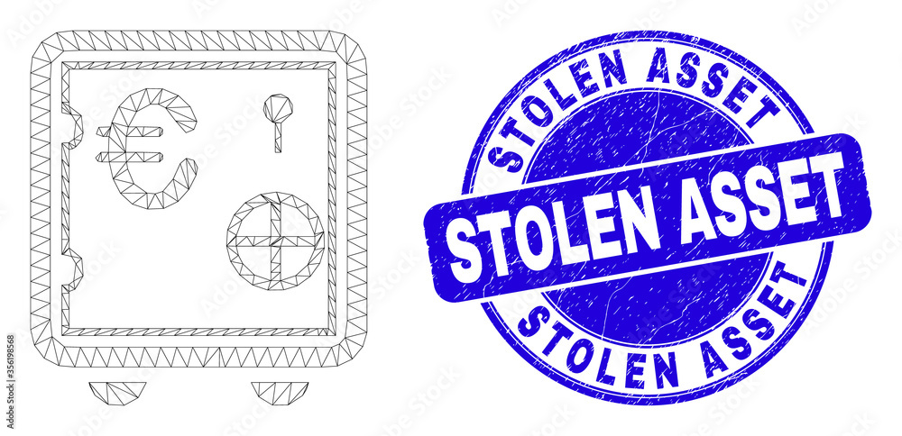 Web mesh euro banking safe pictogram and Stolen Asset seal stamp. Blue vector rounded grunge seal stamp with Stolen Asset text.