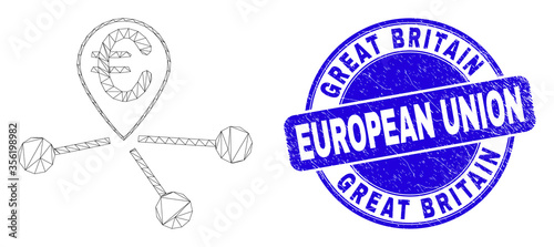 Web carcass euro location links icon and Great Britain European Union watermark. Blue vector round distress watermark with Great Britain European Union title.