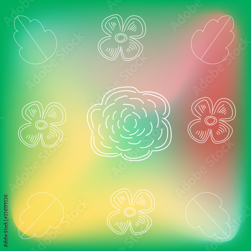 Scribbles of flowers and leaves. White sketch on a color gradient background. Vector drawing by hand.