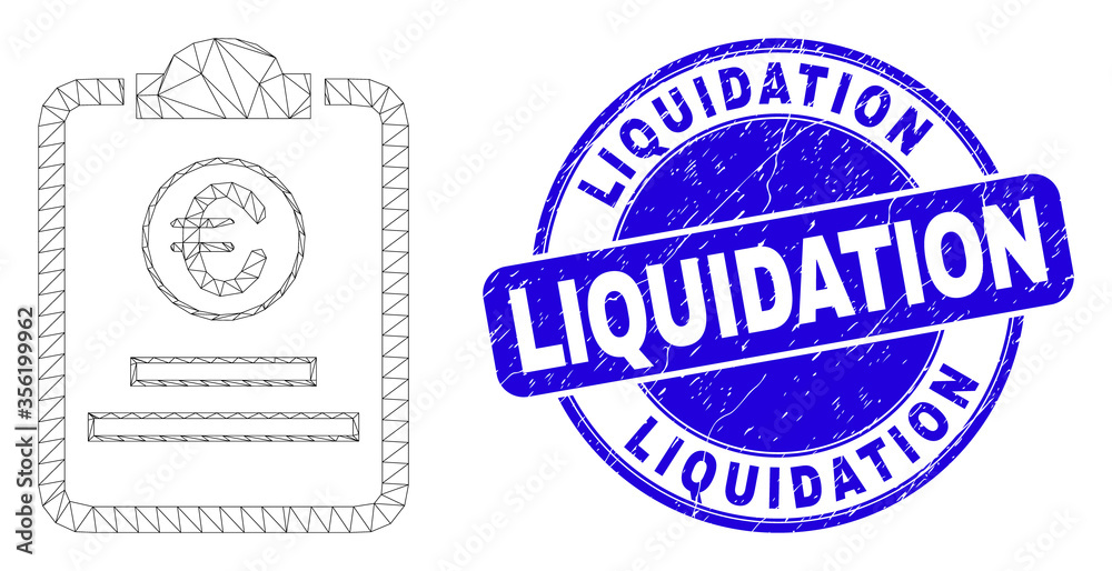 Web mesh euro price pad pictogram and Liquidation seal stamp. Blue vector rounded distress seal stamp with Liquidation caption. Abstract frame mesh polygonal model created from euro price pad icon.