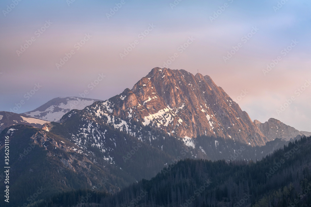 Giewont mountain in Polish Tatras - view from Nosal on sunset
