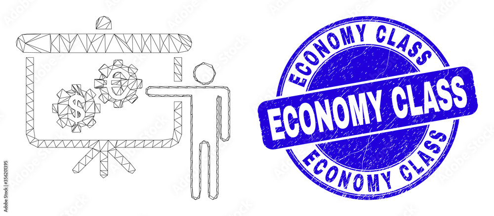 Obraz premium Web carcass financial engine presentation icon and Economy Class seal stamp. Blue vector rounded distress seal stamp with Economy Class text.