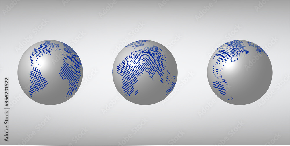 Set of vector dotted globes in different views. Dotted globes in blue on gray background.  3D sphere for your web site design, app, UI.  Stock vector.  EPS10.
