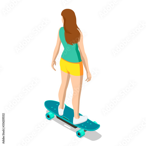 Isometric skateboard or longboard isolated on white. Girl skateboarding. Sporty woman riding on the skateboard on the road. Longboarding.