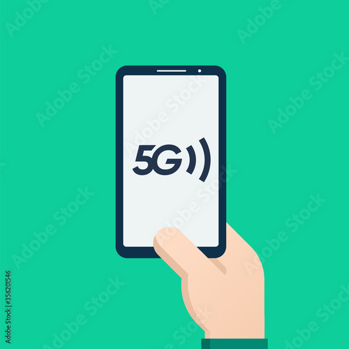 Hand Holding Smartphone With 5g internet icon  - Flat Vector Design	