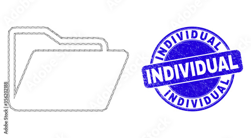 Web mesh folder icon and Individual stamp. Blue vector rounded textured seal stamp with Individual message. Abstract carcass mesh polygonal model created from folder icon.