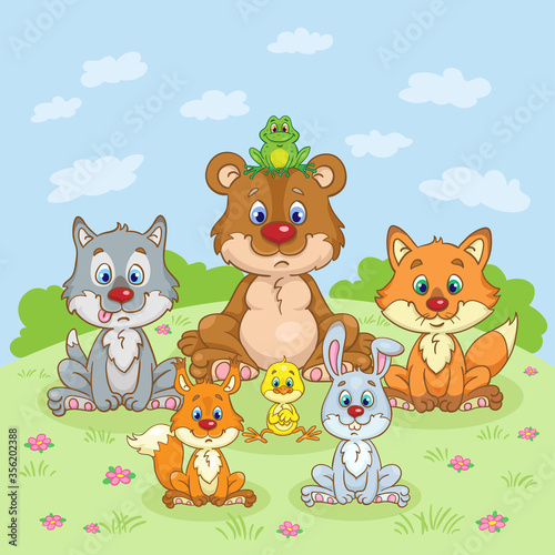 Fototapeta Naklejka Na Ścianę i Meble -  Portrait of cute forest animals that are sitting in the meadow. Bear, wolf, fox, squirrel, rabbit, frog and chicken. In cartoon style. Vector illustration