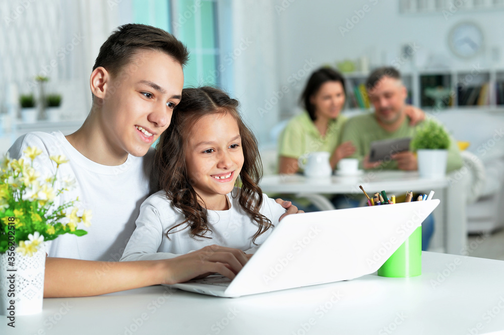 Brother and sister using laptop while sitting at table Brother and sister using laptop while sitting at table