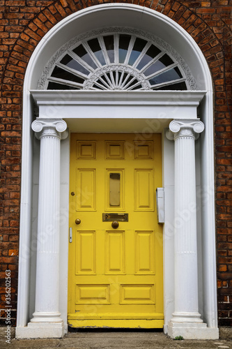 Colorful georgian doors in Dublin, Ireland. Historic doors in different colors painted as protest against English King George legal reign over the city of Dublin in Ireland