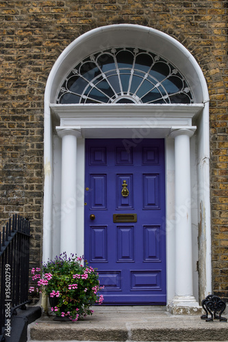 Colorful georgian doors in Dublin, Ireland. Historic doors in different colors painted as protest against English King George legal reign over the city of Dublin in Ireland