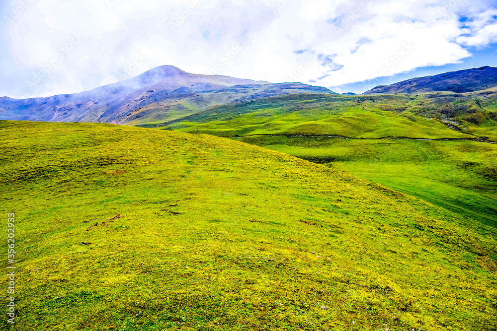 Fototapeta premium Magical green mountains of Roopkund, Uttarakhand, India. 