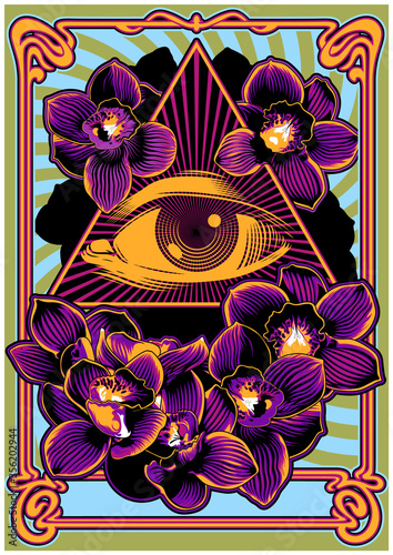 Psychedelic Artwork Eye in Triangle, Orchids Composition, Psychedelic Color Combinations, Art Nouveau Frame