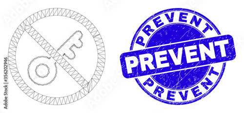 Web mesh forbidden key icon and Prevent seal stamp. Blue vector round textured seal with Prevent message. Abstract carcass mesh polygonal model created from forbidden key icon.