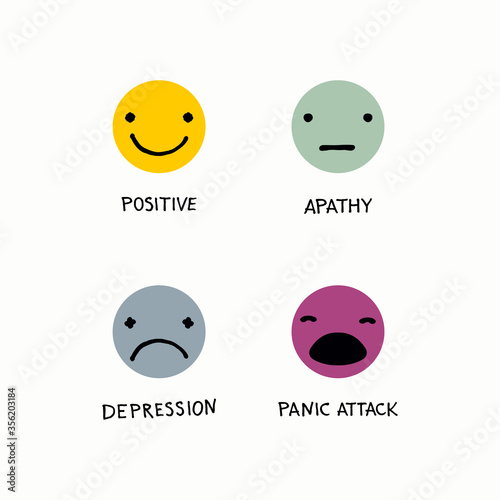 Mental health vector logos in flat style. Positive icon. Apathy icon. Depression icon. Panic attack icon. Cartoon faces with hand written psychological states.