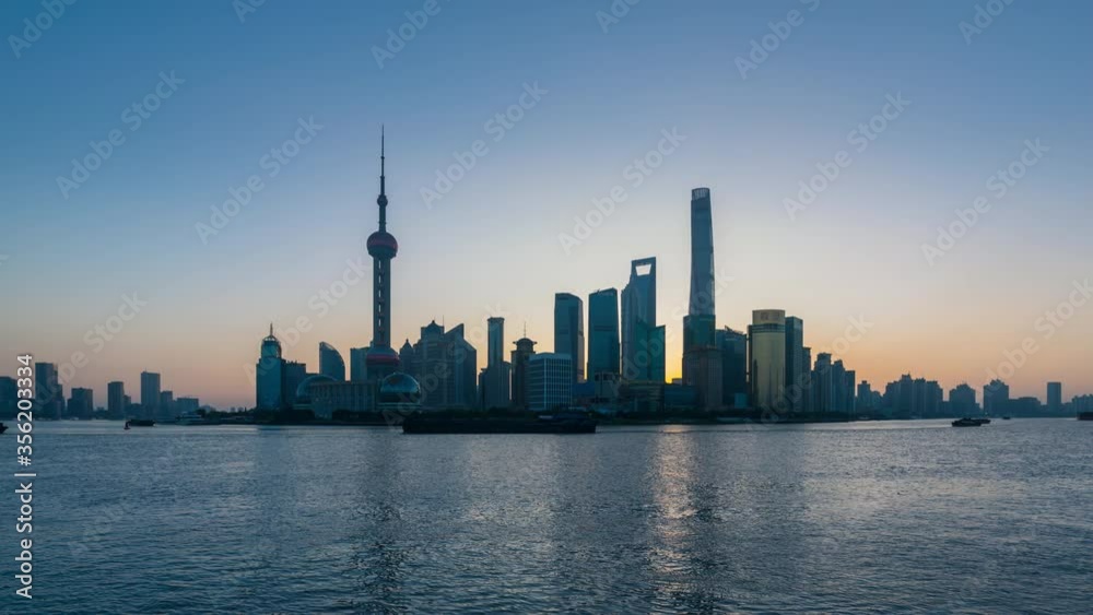 WS T/L Pudong skyline and traffic on Huangpu river / Shanghai, China WS T/L Pudong skyline and traffic on Huangpu river / Shanghai, China