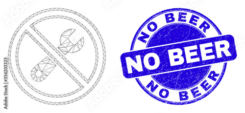 Web mesh forbidden repair icon and No Beer seal. Blue vector round scratched seal with No Beer phrase. Abstract carcass mesh polygonal model created from forbidden repair icon.