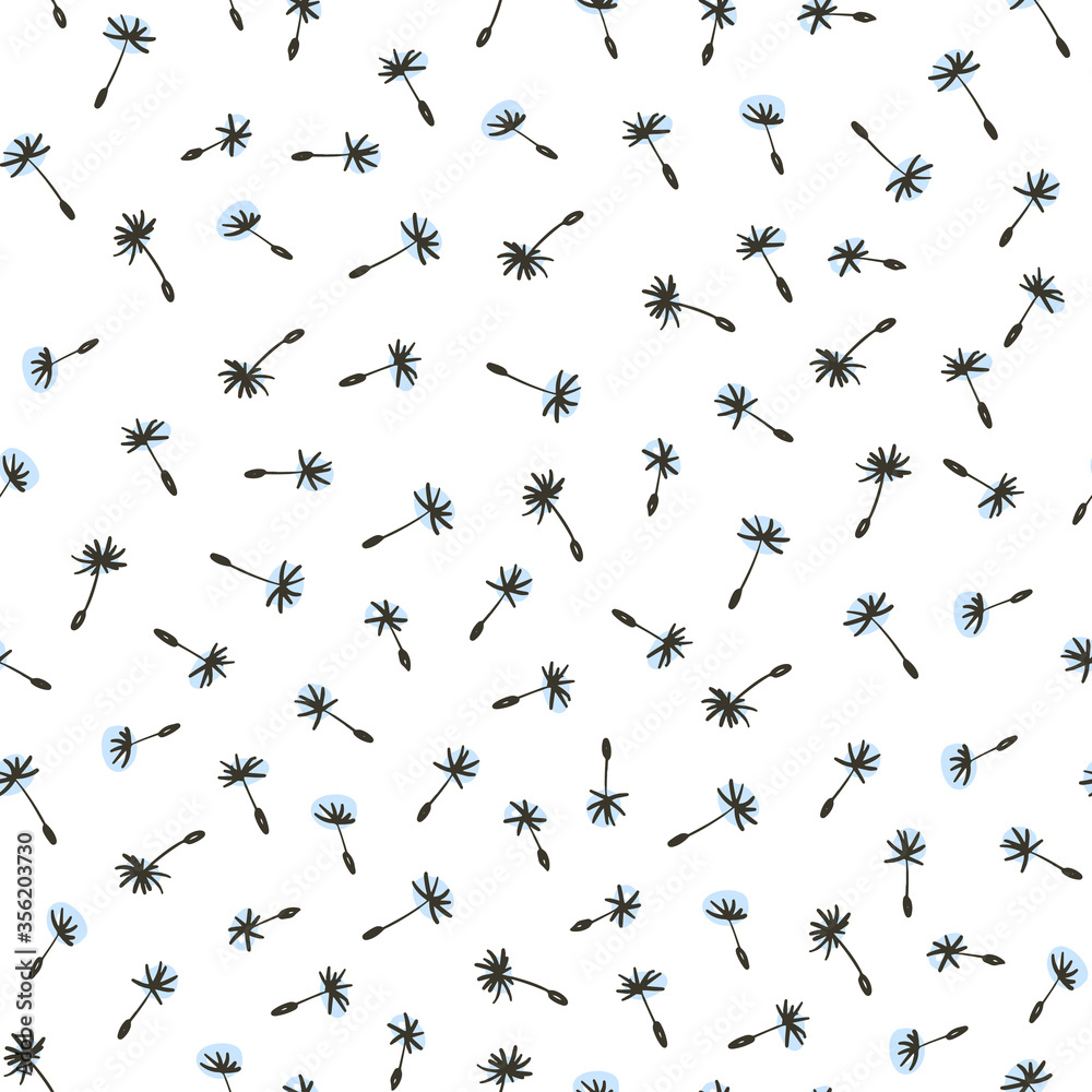 Obraz premium Dandelion seeds childish vector seamless pattern, floral pattern on white background. Texture for - fabric, wrapping, textile, wallpaper, apparel. 