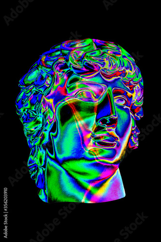 Photos Collage with plaster antique sculpture of human face in a pop art style