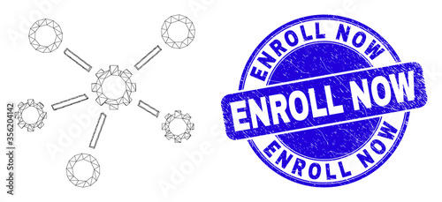 Web mesh gear links pictogram and Enroll Now seal stamp. Blue vector round scratched stamp with Enroll Now phrase. Abstract frame mesh polygonal model created from gear links icon.