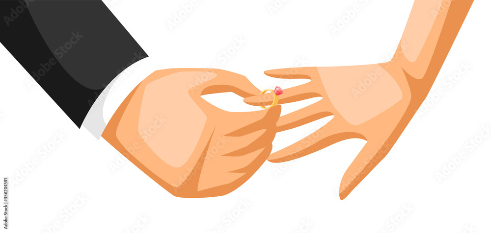 Man puts wedding ring on girls finger. Man puts wedding ring on girls finger.