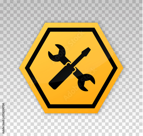 Under construction sign. Construct under banner. Signage danger. Warning caution. Board coming soon. Tools development. Yellow triangle frame isolated on background. Reconstruction sign. Vector 