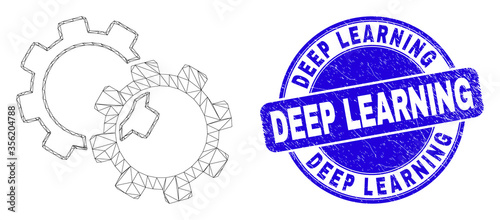 Web carcass gears icon and Deep Learning watermark. Blue vector rounded grunge watermark with Deep Learning phrase. Abstract frame mesh polygonal model created from gears icon.