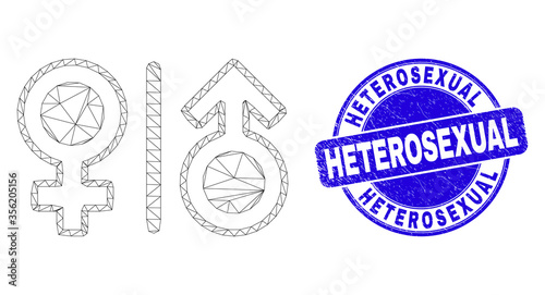 Web mesh gender symbols pictogram and Heterosexual seal stamp. Blue vector round grunge seal stamp with Heterosexual message. Abstract frame mesh polygonal model created from gender symbols icon.