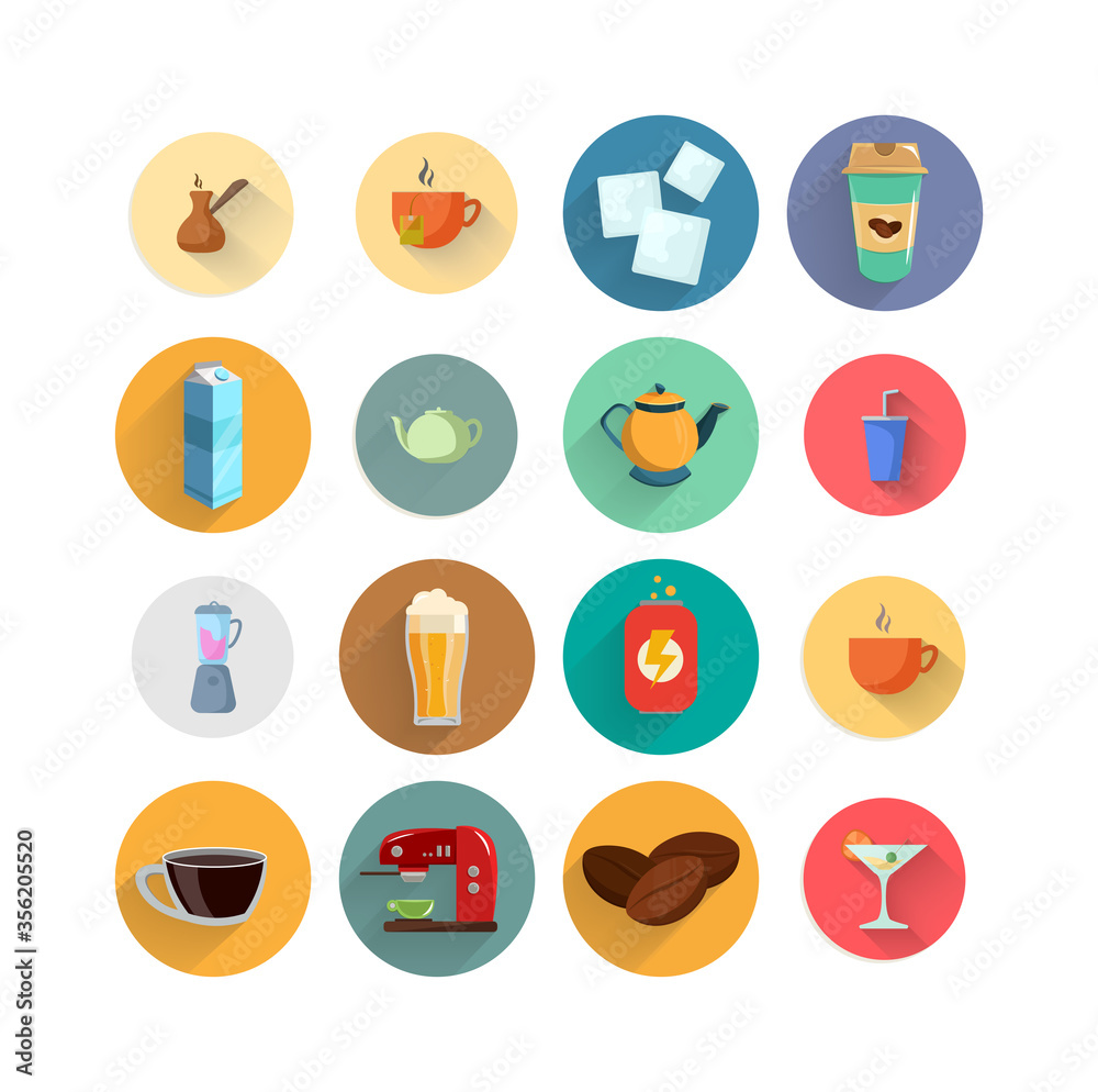 drinks flat icon set with long shadow, with beer, coffee, milk box, soda, energy drink, cup of coffee, kettle, tea