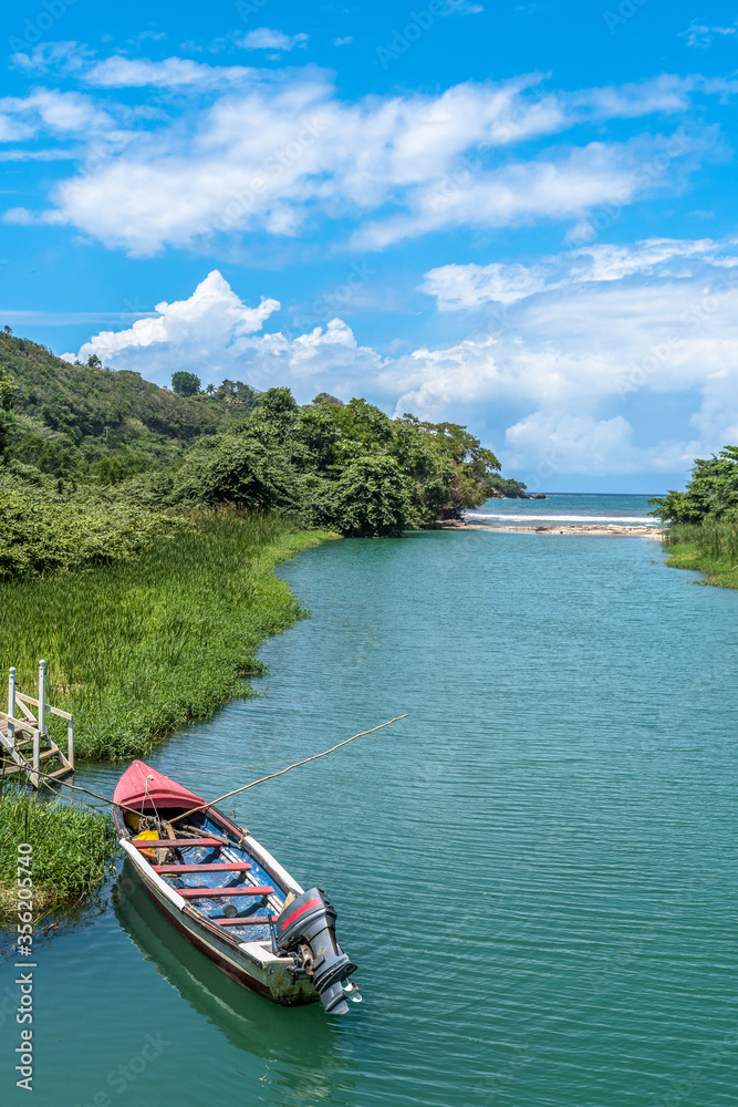 Colorful tour/ fishing boat/ motorboat/ rowboat docked on river bank in scenic landscape countryside coastal setting on Great River in Jamaica. Sunny summer day on the Caribbean island.