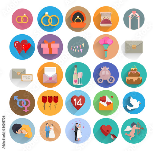 love flat icon set with long shadow with wedding icons, love doves, love couple, love message