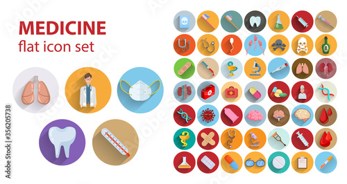 Healthcare and medical flat icon set with long shadow with sperm, thermometer, lungs, brain, doctor, laboratory, virus, first aid kit