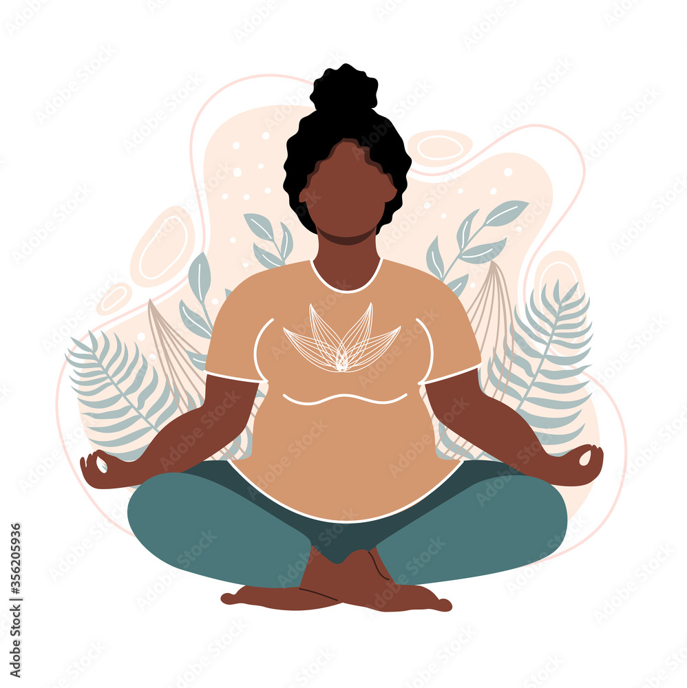 Plus size african american woman meditating and sitting in lotus on the natural background. Attractive overweight girl. Concept illustration for yoga, meditation, relax. Vector flat illustration