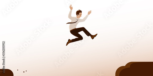 A businessman in a tie jumps over a gorge in the rocks. The concept of overcoming obstacles, the risk and courage in decision making. Vector banner illustration in cartoon style.