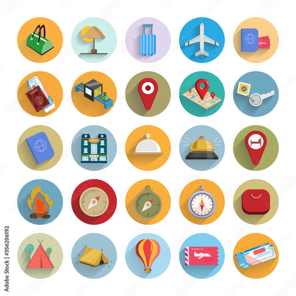 Traveling and transport Flat icon set with long shadow hotel, compass, maps, reception call, plane ticket, boarding pass, camping tent, hot air balloon