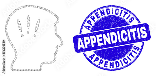 Web mesh headache pictogram and Appendicitis seal stamp. Blue vector round textured seal stamp with Appendicitis text. Abstract frame mesh polygonal model created from headache pictogram.