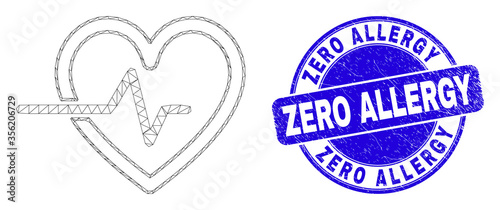 Web carcass heart pulse pictogram and Zero Allergy seal. Blue vector round distress seal stamp with Zero Allergy title. Abstract carcass mesh polygonal model created from heart pulse pictogram.