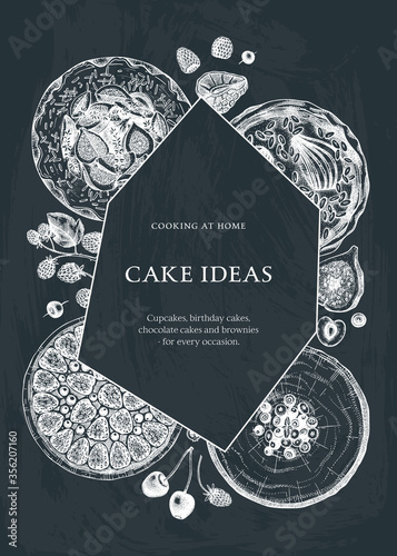 Hand sketched cakes and pies design on chalkboard. Hand drawn home cooked meals ingredients. Cooking at home, step-by-step recipes or cooking classes flyer template. Unique vintage frame design.