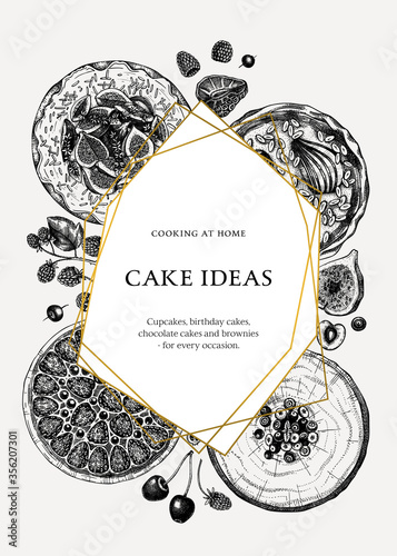 Hand sketched cakes and pies design in vintage style. Hand drawn home cooked meals ingredients. Cooking at home, step-by-step recipes or cooking classes flyer template. Unique vintage frame design.