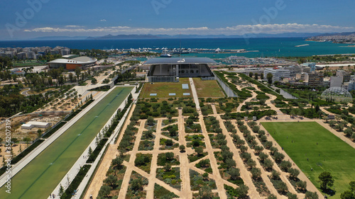 Aerial drone photo of famous public landmark Cultural Centre and Foundation Park od Stavros Niarhos in Faliro or Phaliro area, Athens riviera, Attica, Greece photo