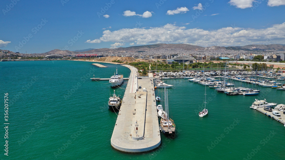 Aerial drone photo of famous Marina of Faliron with anchored yachts, Athens riviera, Attica, Greece