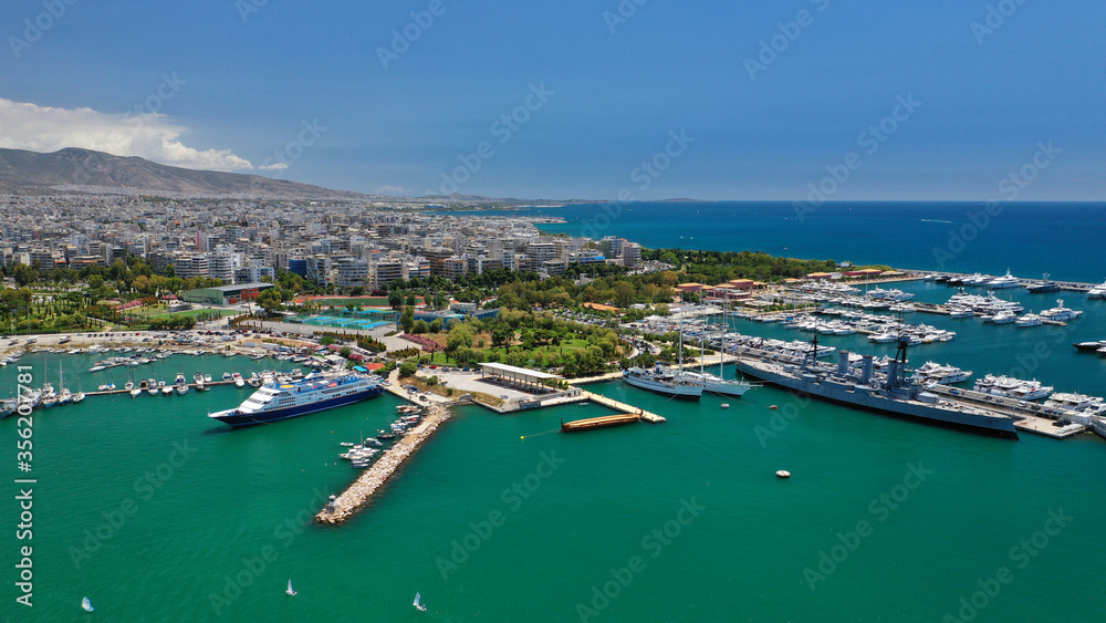 Aerial drone photo of famous Marina of Faliron with anchored yachts, Athens riviera, Attica, Greece