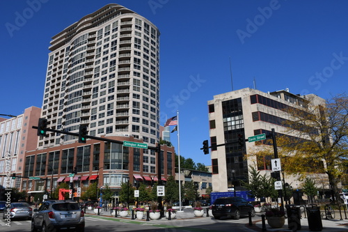 View of downtown Evanston near the campus of Northwestern University, located by Lake Michigan, north of the city of Chicago, Illinois.